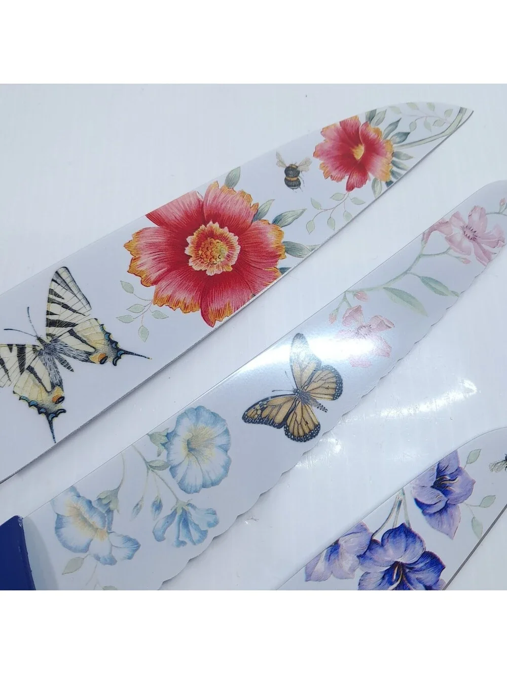 Lenox knife set Butterfly Meadow 4 piece flowers blue handle chef's serrated